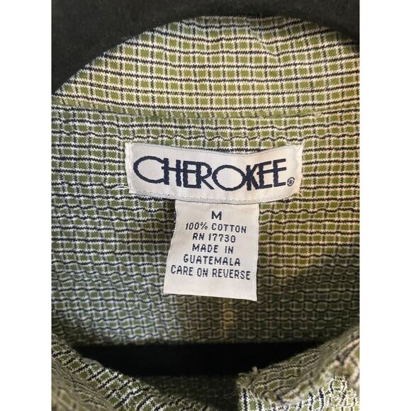 Cherokee Mens Medium Button Polo Shirt All Cotton Short Sleeve Green Box Pattern - Picture 3 of 8